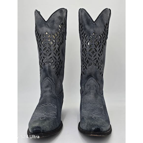 Laredo Western Leather Boots Sanded Blue Snip Toe Cutout Cowgirl Women's 10M - Picture 5 of 9